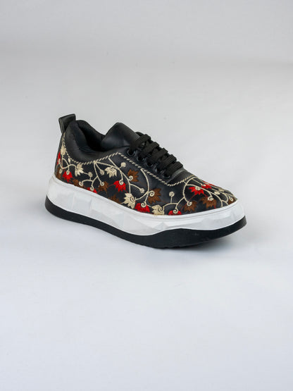 Black Noir Bloom Sneakers-Intricate Floral Embroidery In Red, Brown, And Ivory threads