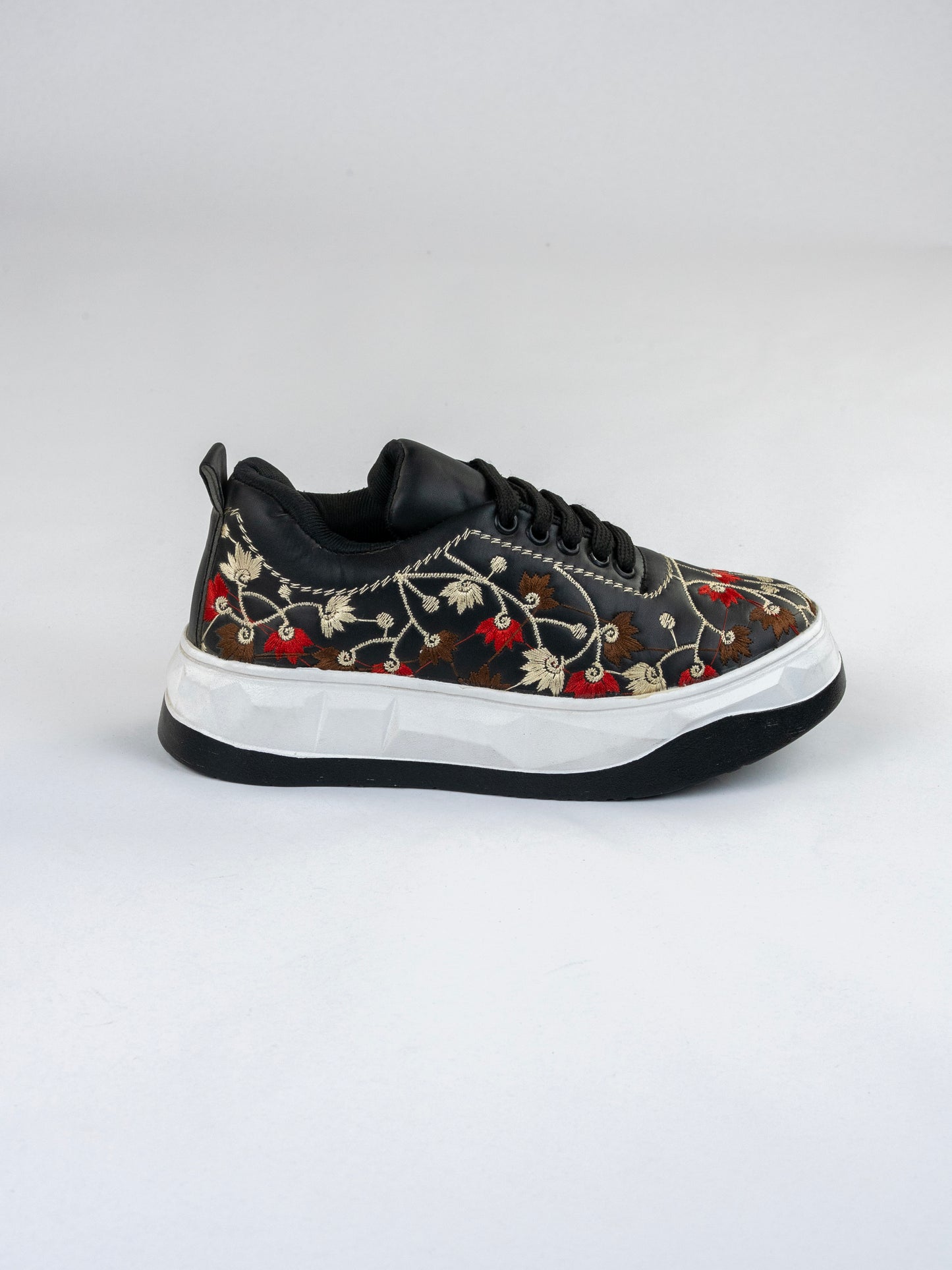 Black Noir Bloom Sneakers-Intricate Floral Embroidery In Red, Brown, And Ivory threads