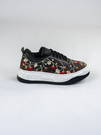 Black Noir Bloom Sneakers-Intricate Floral Embroidery In Red, Brown, And Ivory threads