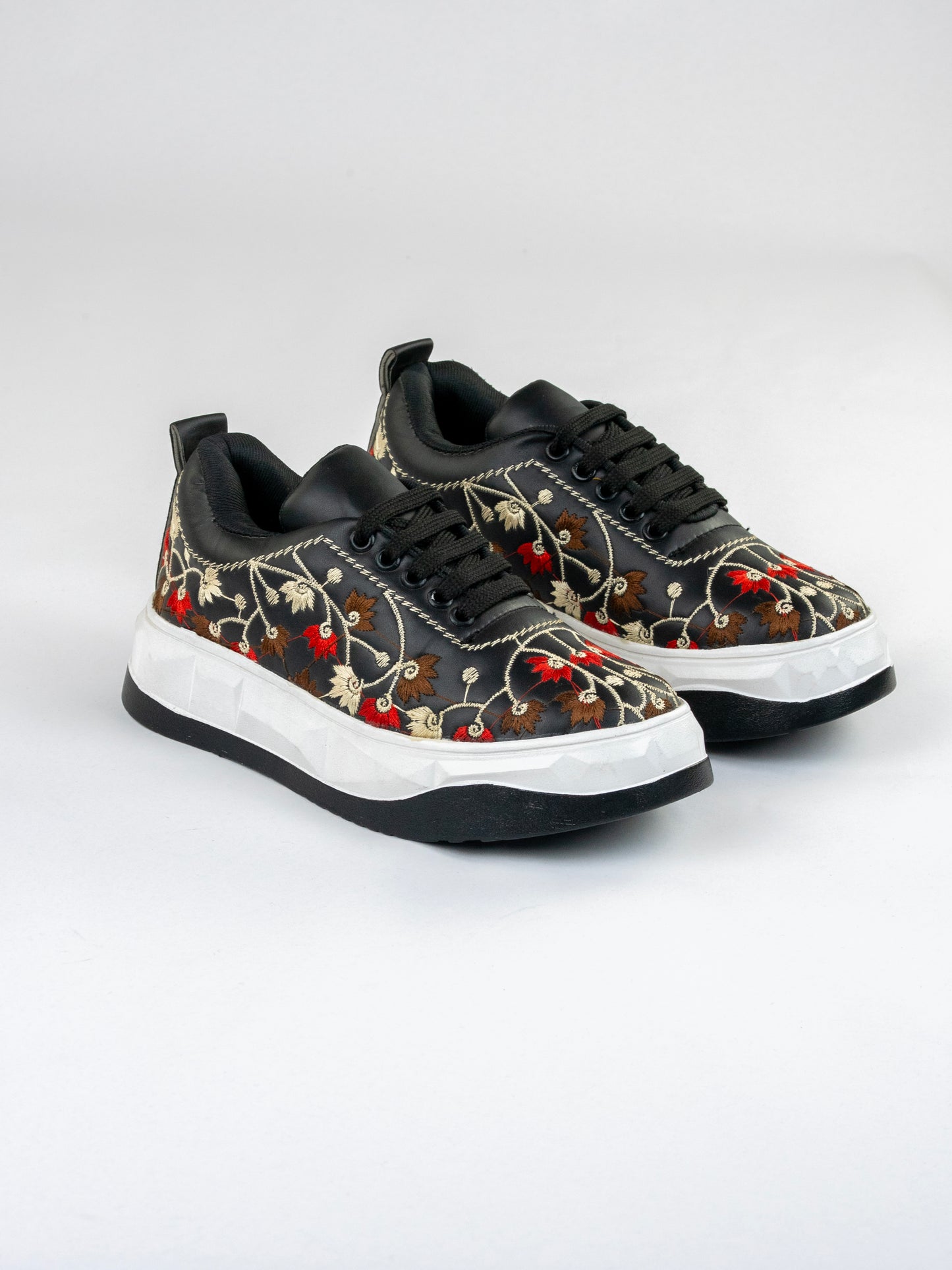 Black Noir Bloom Sneakers-Intricate Floral Embroidery In Red, Brown, And Ivory threads