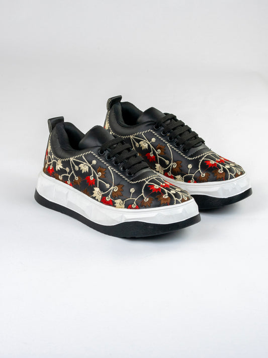 Black Noir Bloom Sneakers-Intricate Floral Embroidery In Red, Brown, And Ivory threads