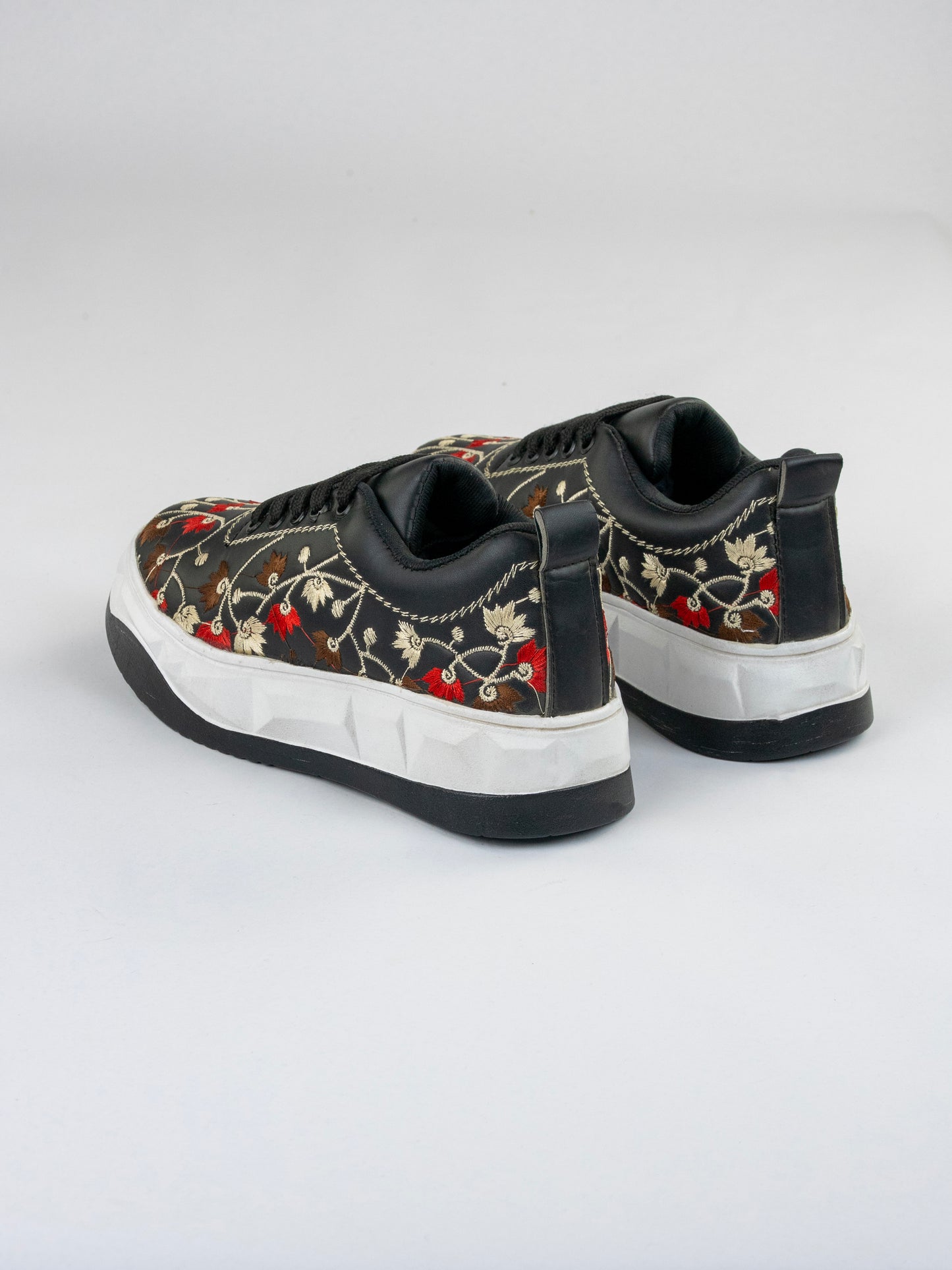 Black Noir Bloom Sneakers-Intricate Floral Embroidery In Red, Brown, And Ivory threads