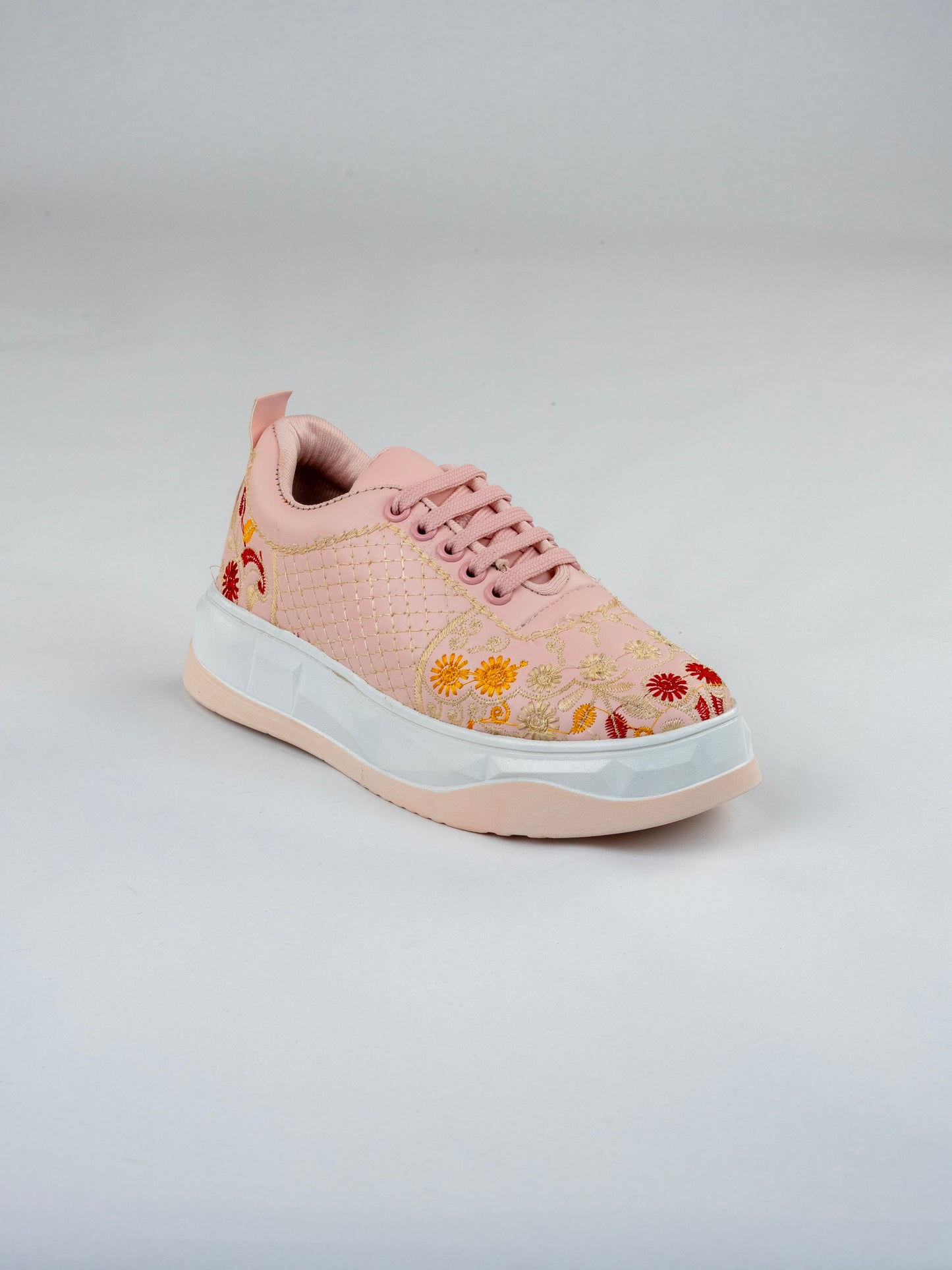 Baby Pink Blossom, Embroidered Leather Sneakers – Floral Scallop Jaal Design