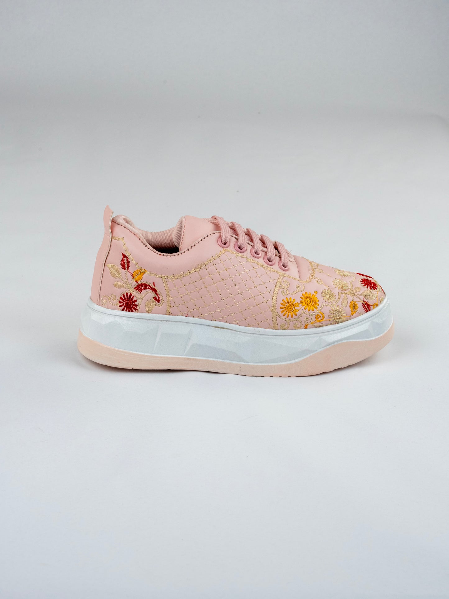 Baby Pink Blossom, Embroidered Leather Sneakers – Floral Scallop Jaal Design