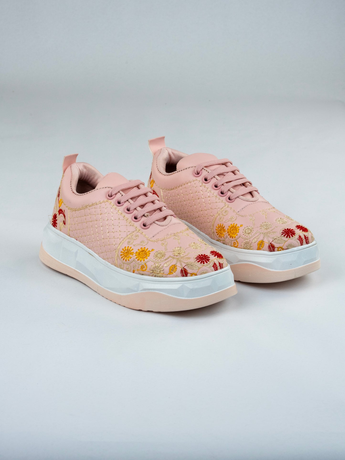 Baby Pink Blossom, Embroidered Leather Sneakers – Floral Scallop Jaal Design