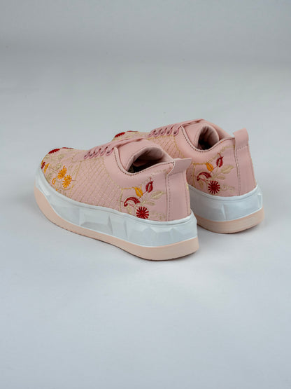 Baby Pink Blossom, Embroidered Leather Sneakers – Floral Scallop Jaal Design