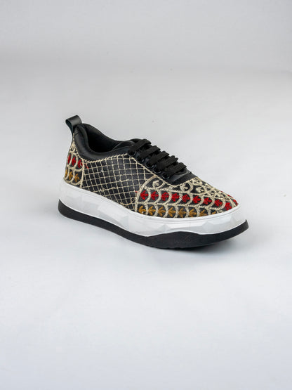 Black Heritage, Matte-Gloss Embroidered Sneakers – Scallop Floral Jaal Design