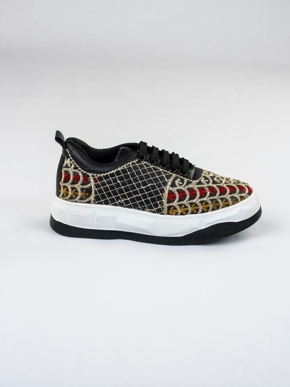 Black Heritage, Matte-Gloss Embroidered Sneakers – Scallop Floral Jaal Design