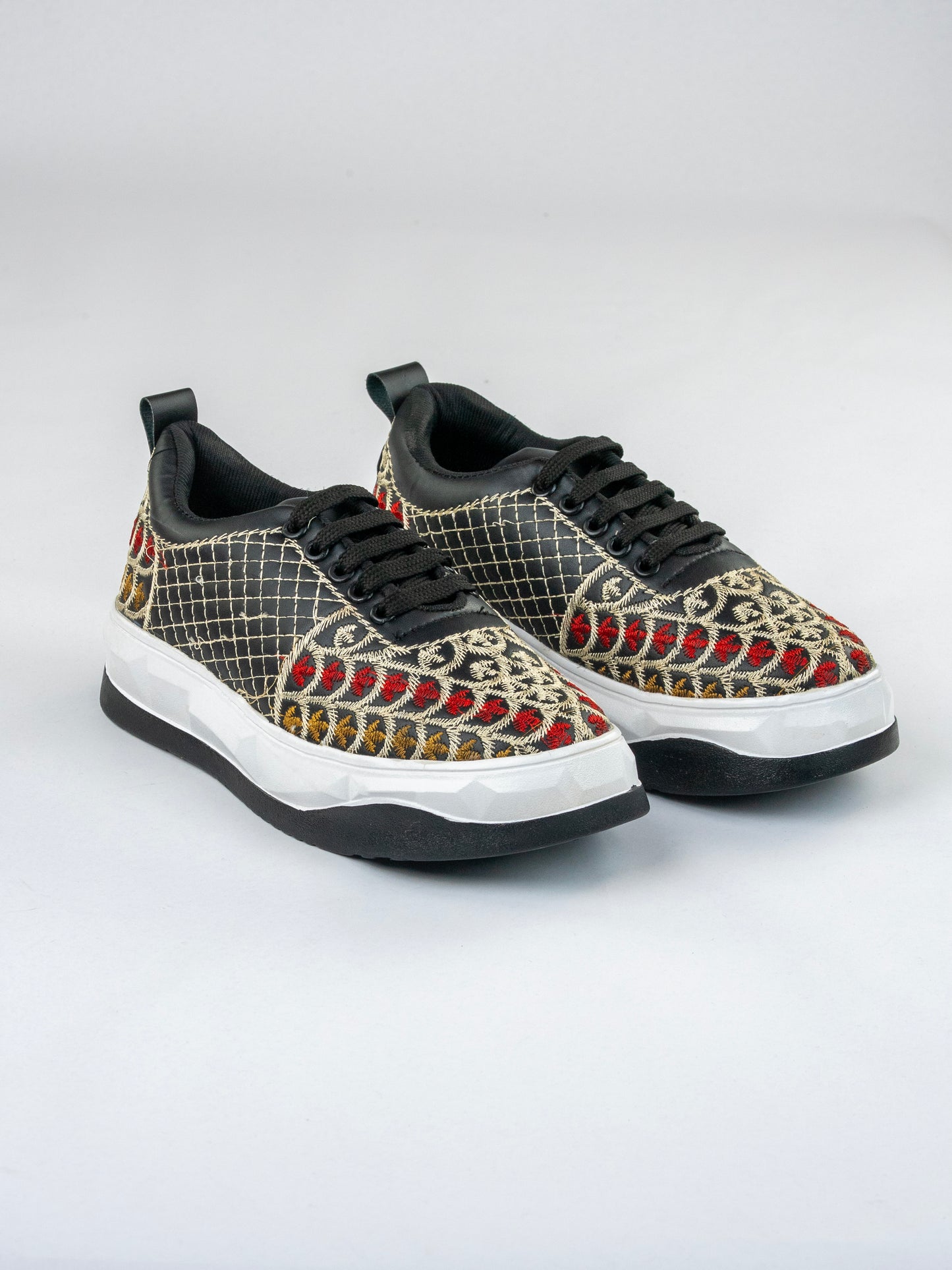 Black Heritage, Matte-Gloss Embroidered Sneakers – Scallop Floral Jaal Design
