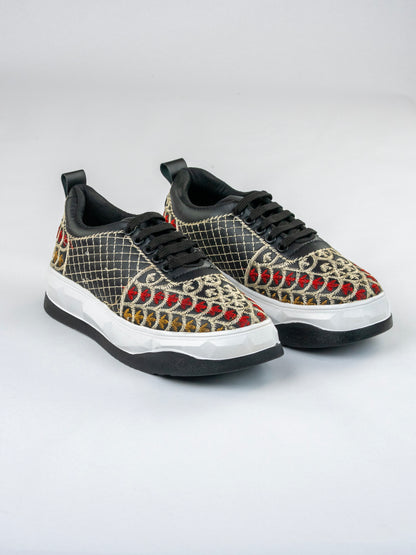 Black Heritage, Matte-Gloss Embroidered Sneakers – Scallop Floral Jaal Design