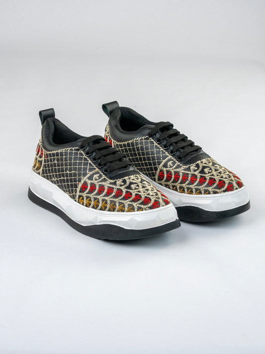 Black Heritage, Matte-Gloss Embroidered Sneakers – Scallop Floral Jaal Design
