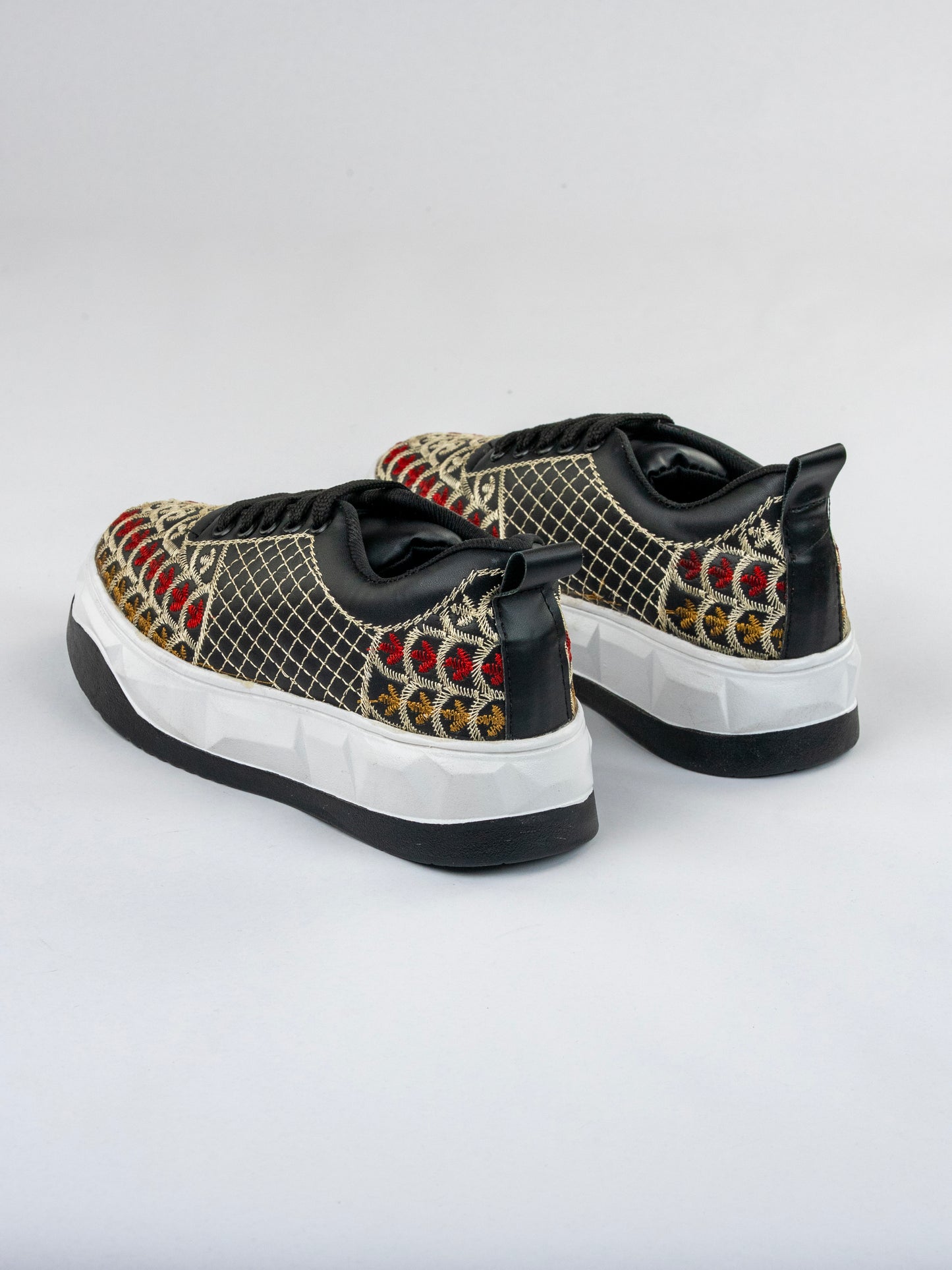 Black Heritage, Matte-Gloss Embroidered Sneakers – Scallop Floral Jaal Design