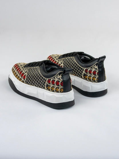 Black Heritage, Matte-Gloss Embroidered Sneakers – Scallop Floral Jaal Design