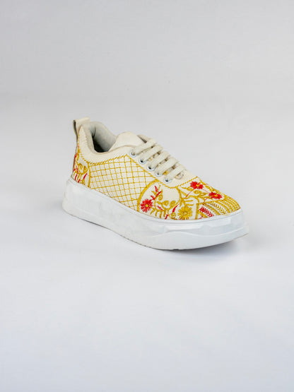 White Ivory Garden Floral And Leaf Embroidery Sneakers
