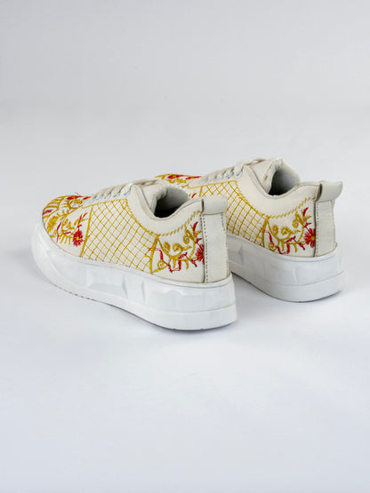 White Ivory Garden Floral And Leaf Embroidery Sneakers