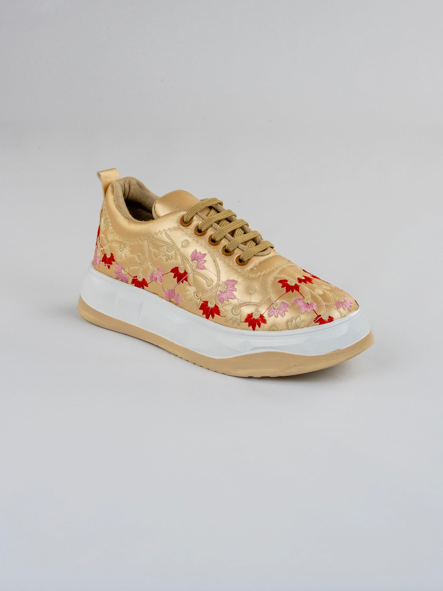 Golden Orchid, Ethnic Festive Sneakers – Glossy Leather with Multicolor Floral Design