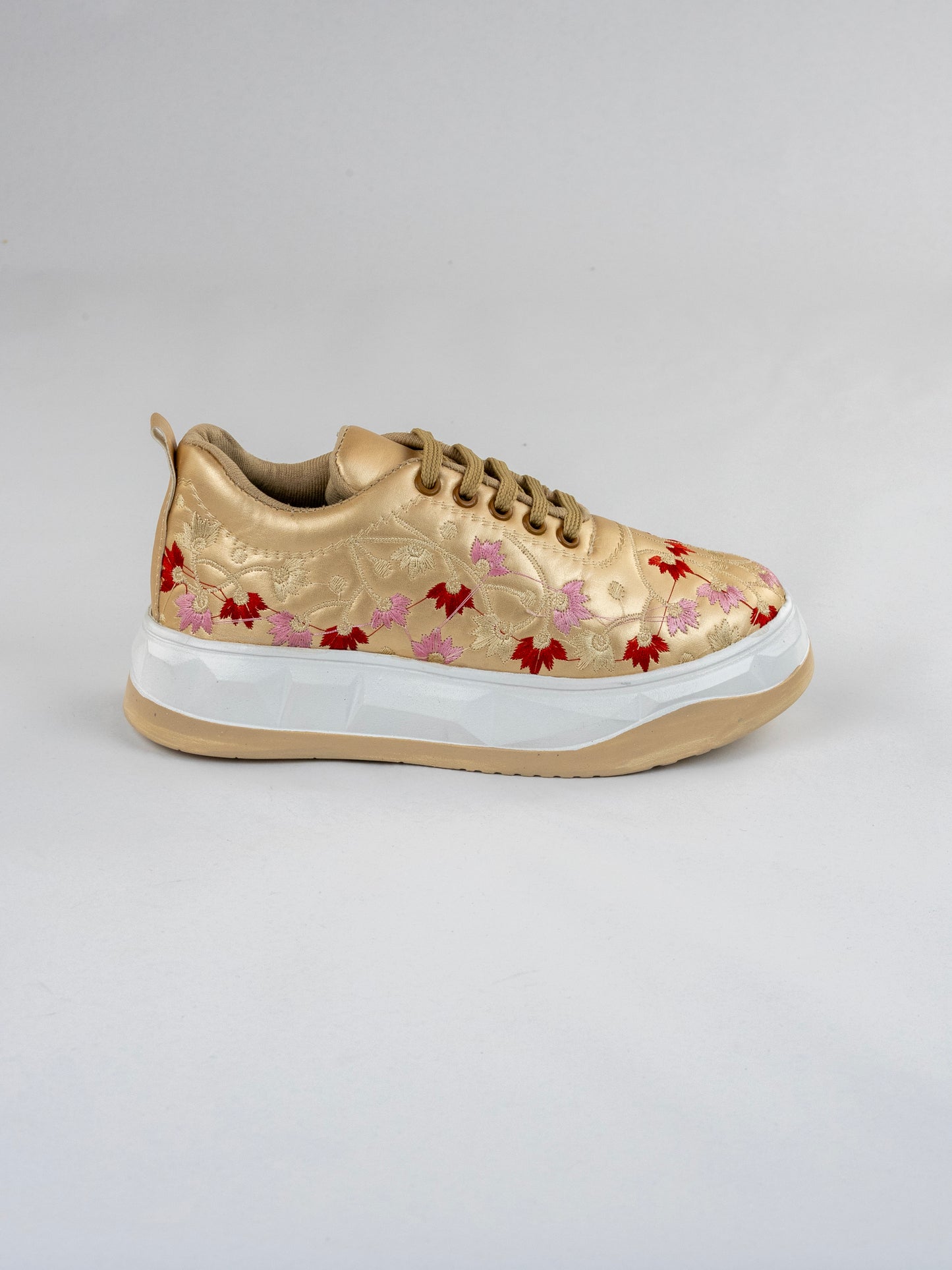Golden Orchid, Ethnic Festive Sneakers – Glossy Leather with Multicolor Floral Design