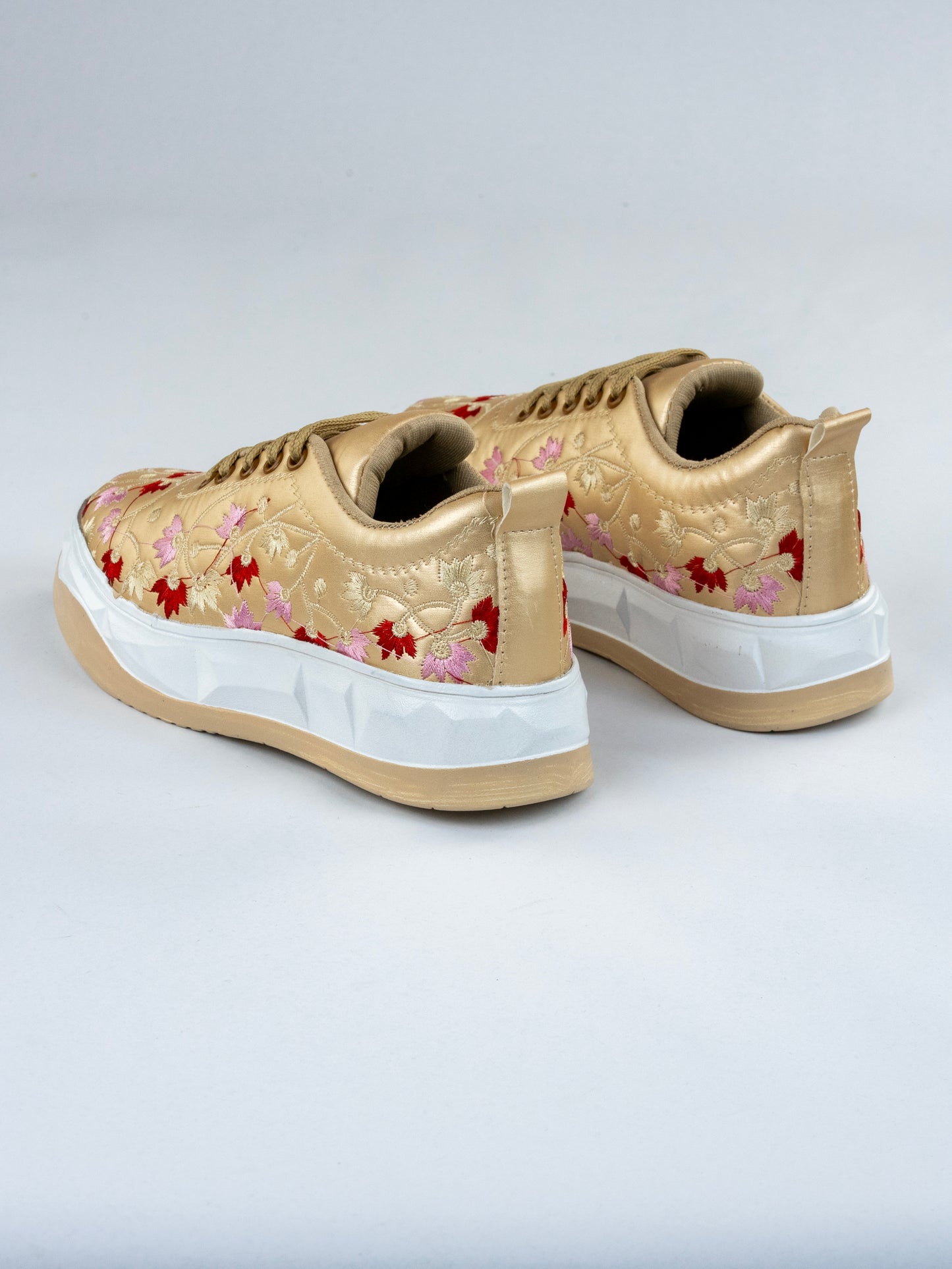 Golden Orchid, Ethnic Festive Sneakers – Glossy Leather with Multicolor Floral Design
