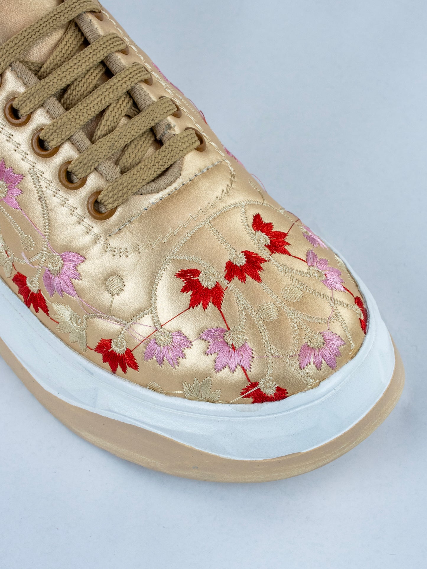 Golden Orchid, Ethnic Festive Sneakers – Glossy Leather with Multicolor Floral Design