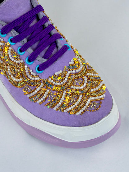 Lavender pearl Wave, Designer Velvet Sneakers –  Peacock flow & Bead Handwork