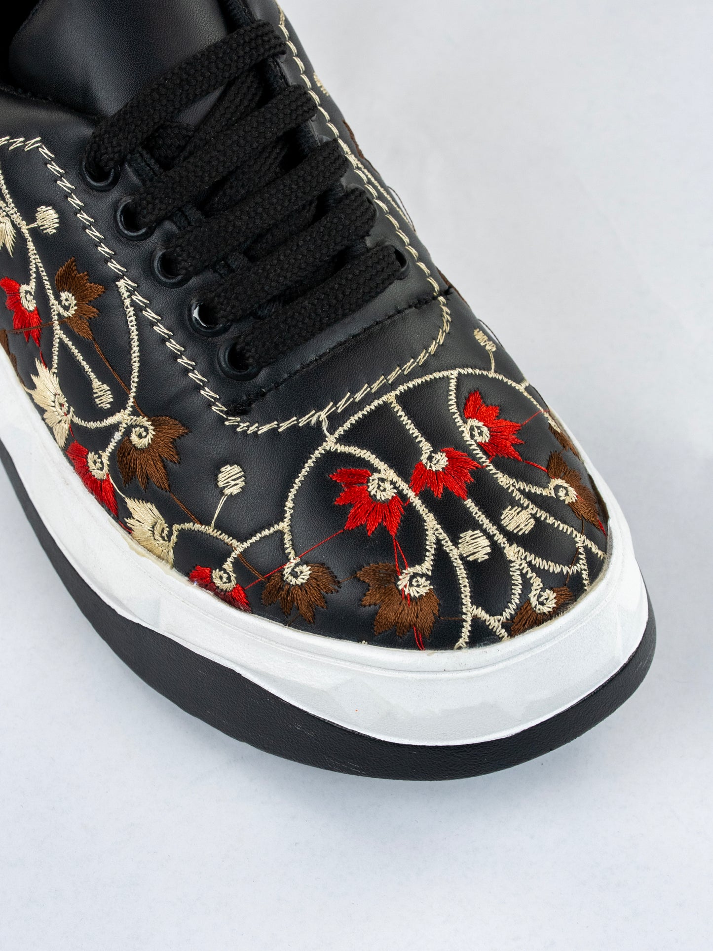 Black Noir Bloom Sneakers-Intricate Floral Embroidery In Red, Brown, And Ivory threads