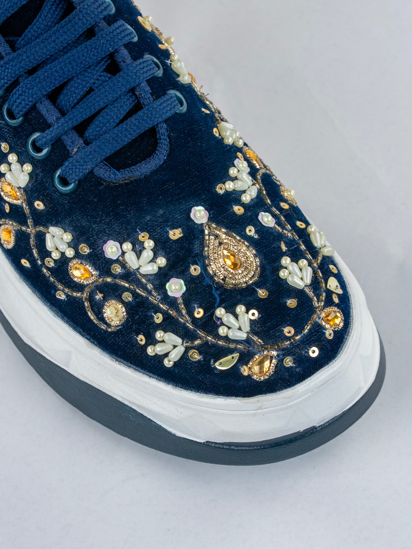 Navy Gold Blossom, Handwork Velvet Sneakers, – Pearls, Stones & Copper Kardana