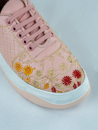 Baby Pink Blossom, Embroidered Leather Sneakers – Floral Scallop Jaal Design