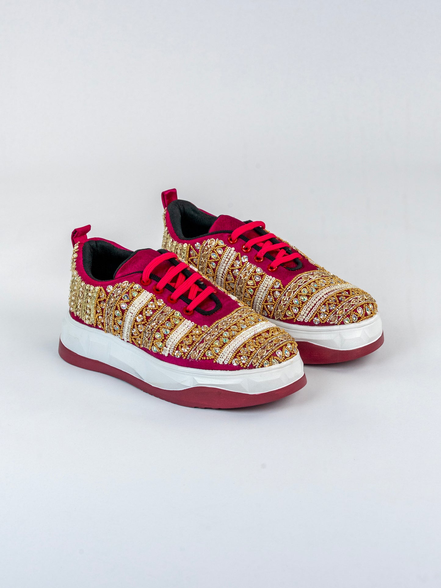 Jahanara,  Rani Pink Satin Sneaker – Sequins Leaf Trail & Golden Pearl Work