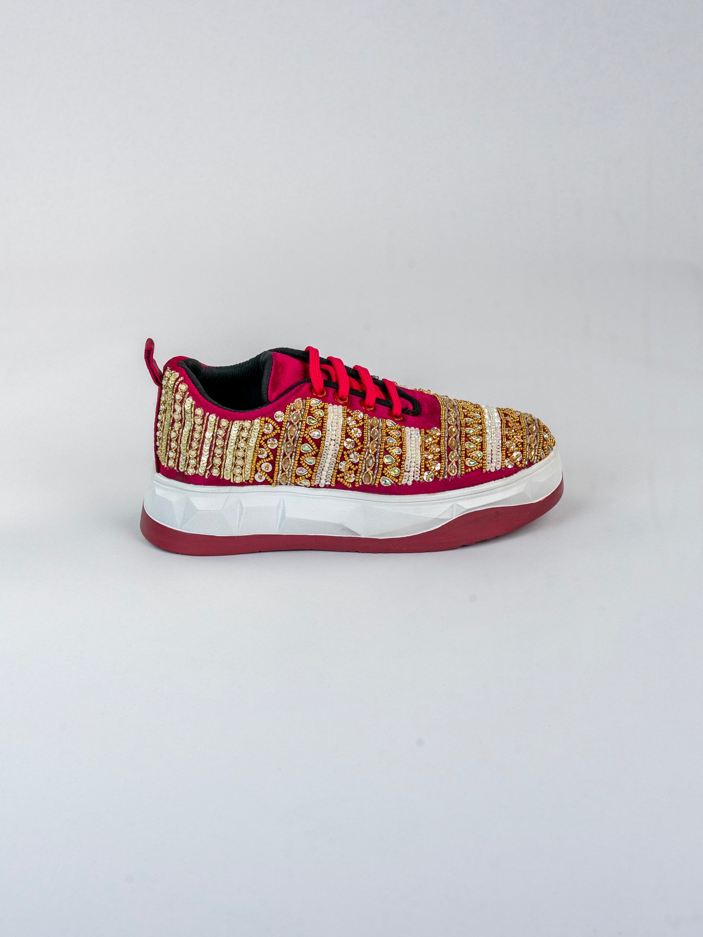 Jahanara,  Rani Pink Satin Sneaker – Sequins Leaf Trail & Golden Pearl Work
