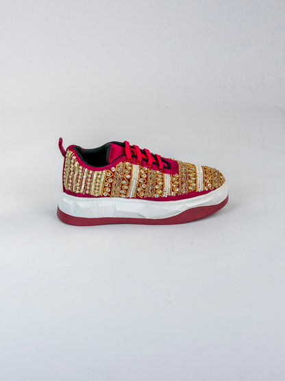 Jahanara,  Rani Pink Satin Sneaker – Sequins Leaf Trail & Golden Pearl Work