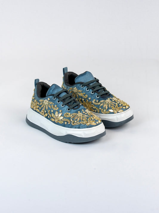 Zarqash, Handcrafted Grey Satin Sneakers – Floral Vine & Leaf Cluster Design