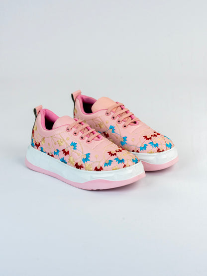 Pastel Bloom Pink Machine-Glossy Leather with Multicolor Floral Design