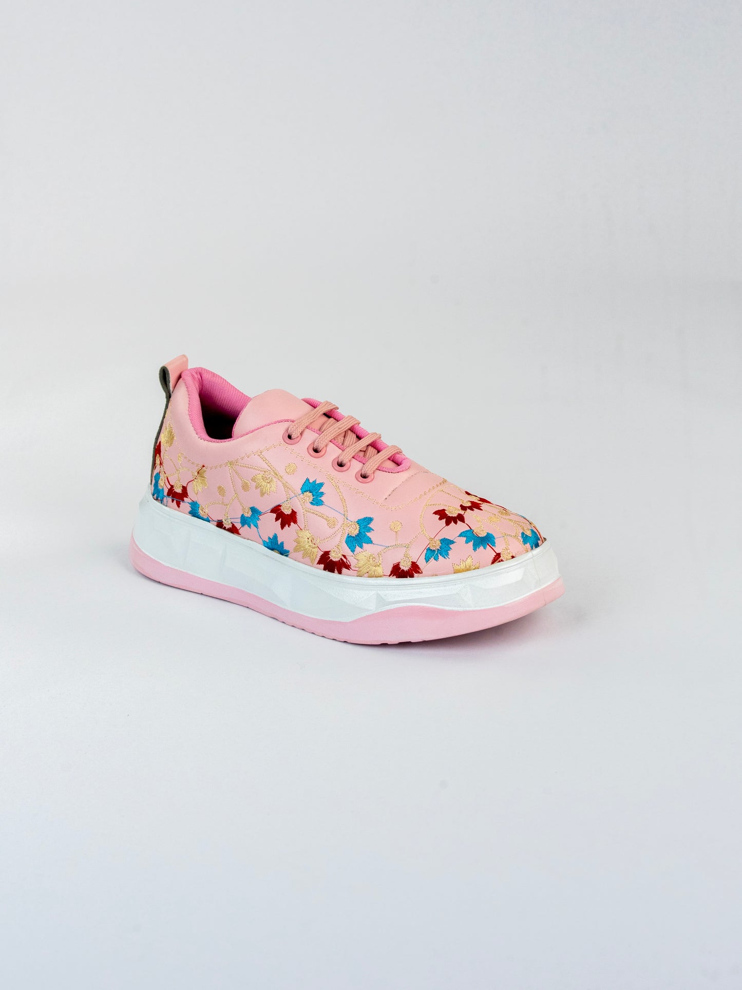 Pastel Bloom Pink Machine-Glossy Leather with Multicolor Floral Design