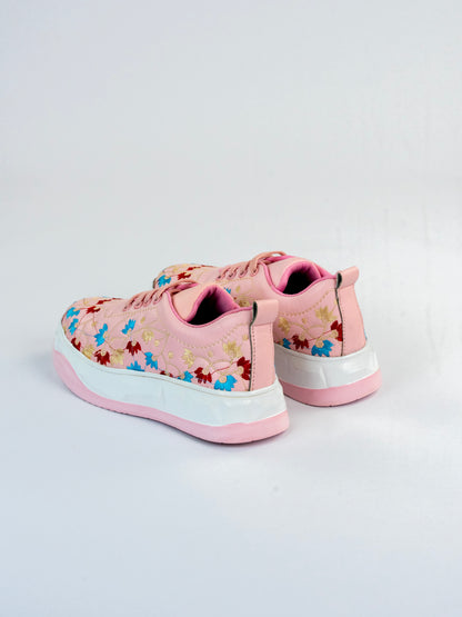 Pastel Bloom Pink Machine-Glossy Leather with Multicolor Floral Design