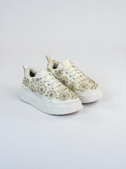 Parizah, Pearl White Bridal Satin Sneaker – Silver  Kardana & Stone Work