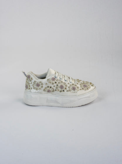Parizah, Pearl White Bridal Satin Sneaker – Silver  Kardana & Stone Work