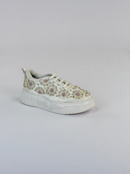 Parizah, Pearl White Bridal Satin Sneaker – Silver  Kardana & Stone Work