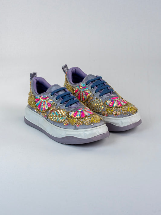 Chamkeela, Grey & Lavender Satin Sneakers  Multi-Colour Sequins