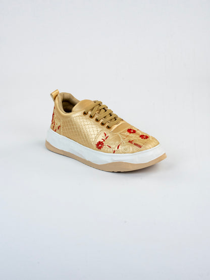 Red Bloom Gold, Premium Golden Partywear Sneakers – Floral Vine Thread Work