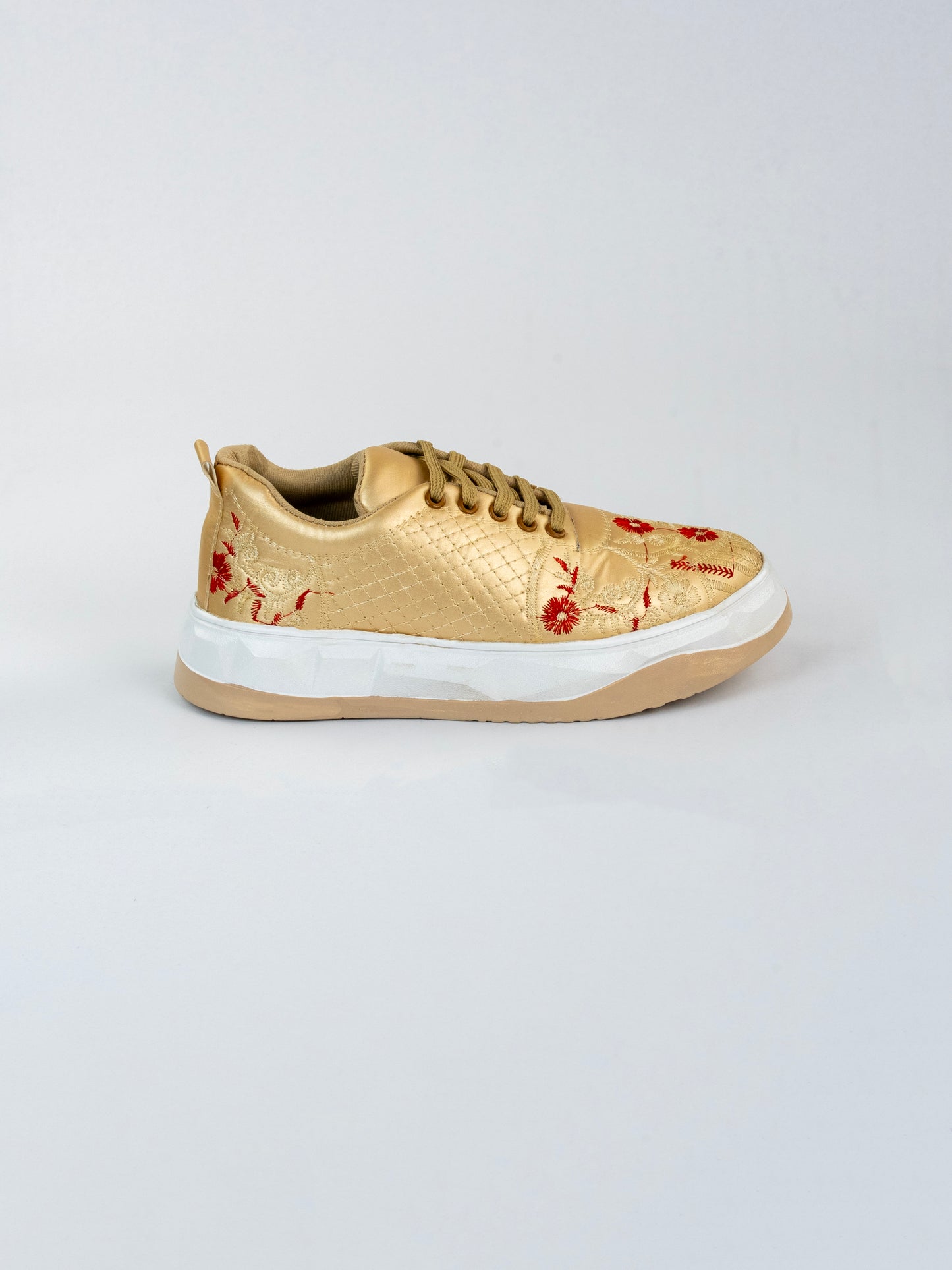 Red Bloom Gold, Premium Golden Partywear Sneakers – Floral Vine Thread Work