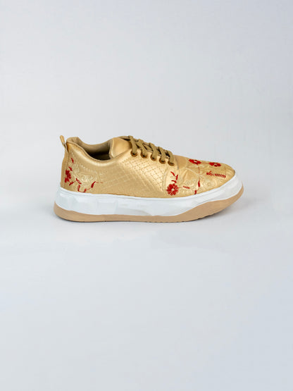Red Bloom Gold, Premium Golden Partywear Sneakers – Floral Vine Thread Work