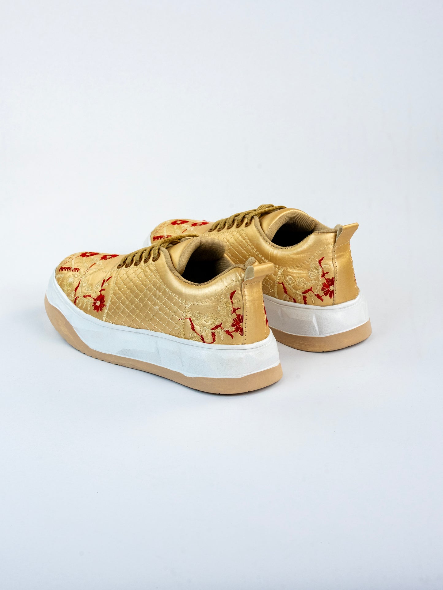 Red Bloom Gold, Premium Golden Partywear Sneakers – Floral Vine Thread Work