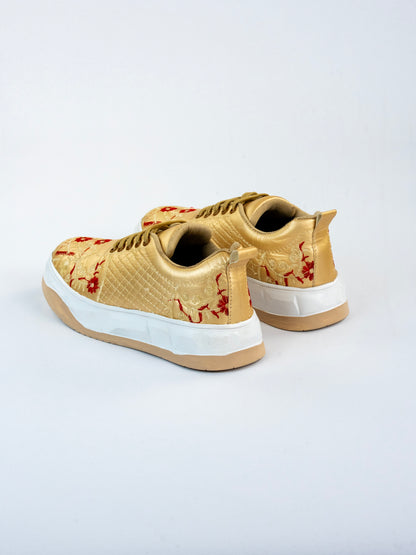 Red Bloom Gold, Premium Golden Partywear Sneakers – Floral Vine Thread Work