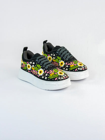 Rangoon, Black Denim Daisy & Leafy Vine Sneaker  – Multicolour Thread Work