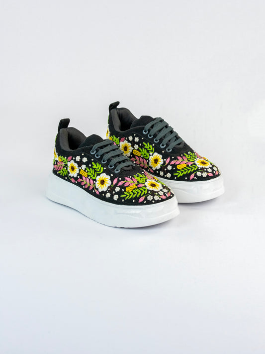 Rangoon, Black Denim Daisy & Leafy Vine Sneaker  – Multicolour Thread Work