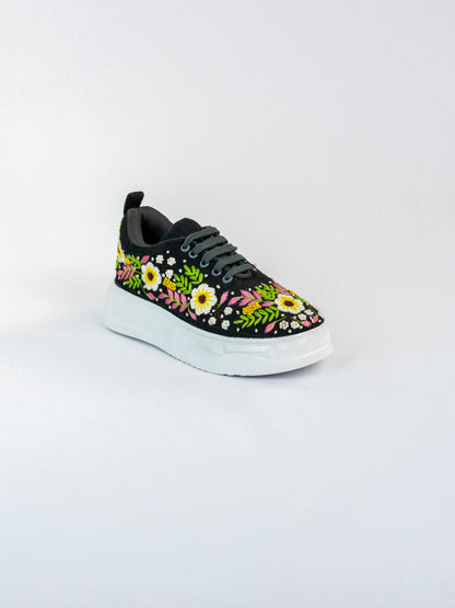 Rangoon, Black Denim Daisy & Leafy Vine Sneaker  – Multicolour Thread Work