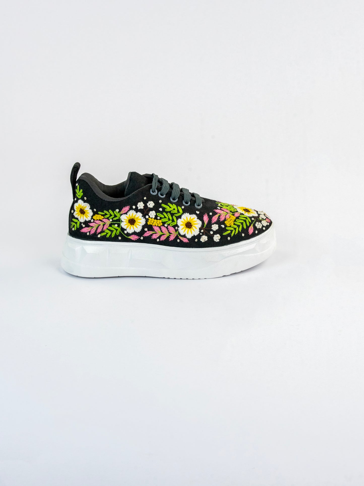 Rangoon, Black Denim Daisy & Leafy Vine Sneaker  – Multicolour Thread Work