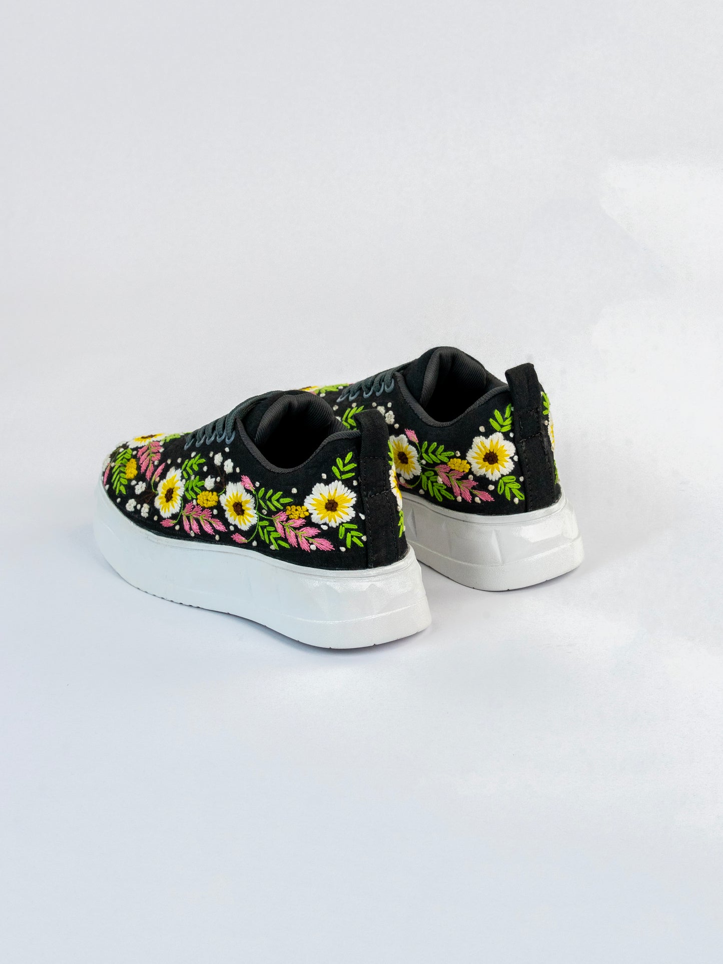 Rangoon, Black Denim Daisy & Leafy Vine Sneaker  – Multicolour Thread Work