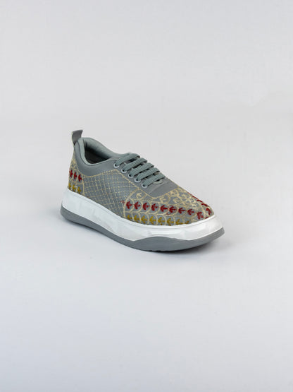 Gray Slate Machine-Embroidered Sneakers
