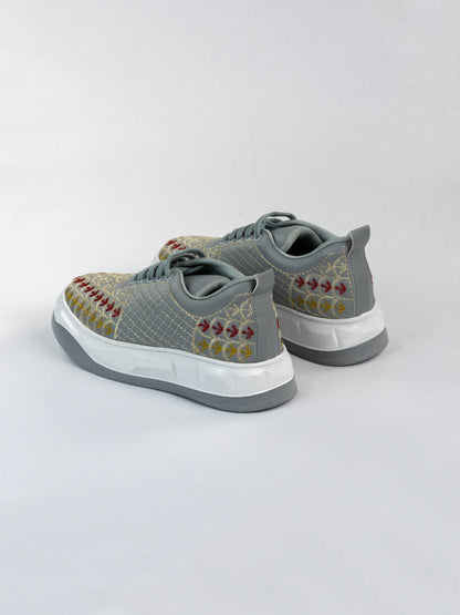 Gray Slate Machine-Embroidered Sneakers
